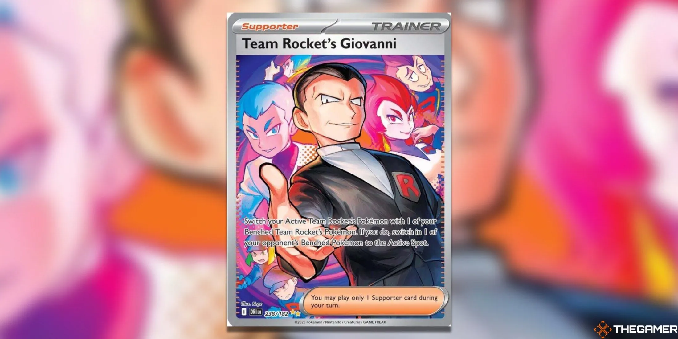Thẻ bài Giovanni của Team Rocket (Special Illustration Rare) trong Pokemon TCG Destined Rivals, mô tả Giovanni cùng Archer và Ariana