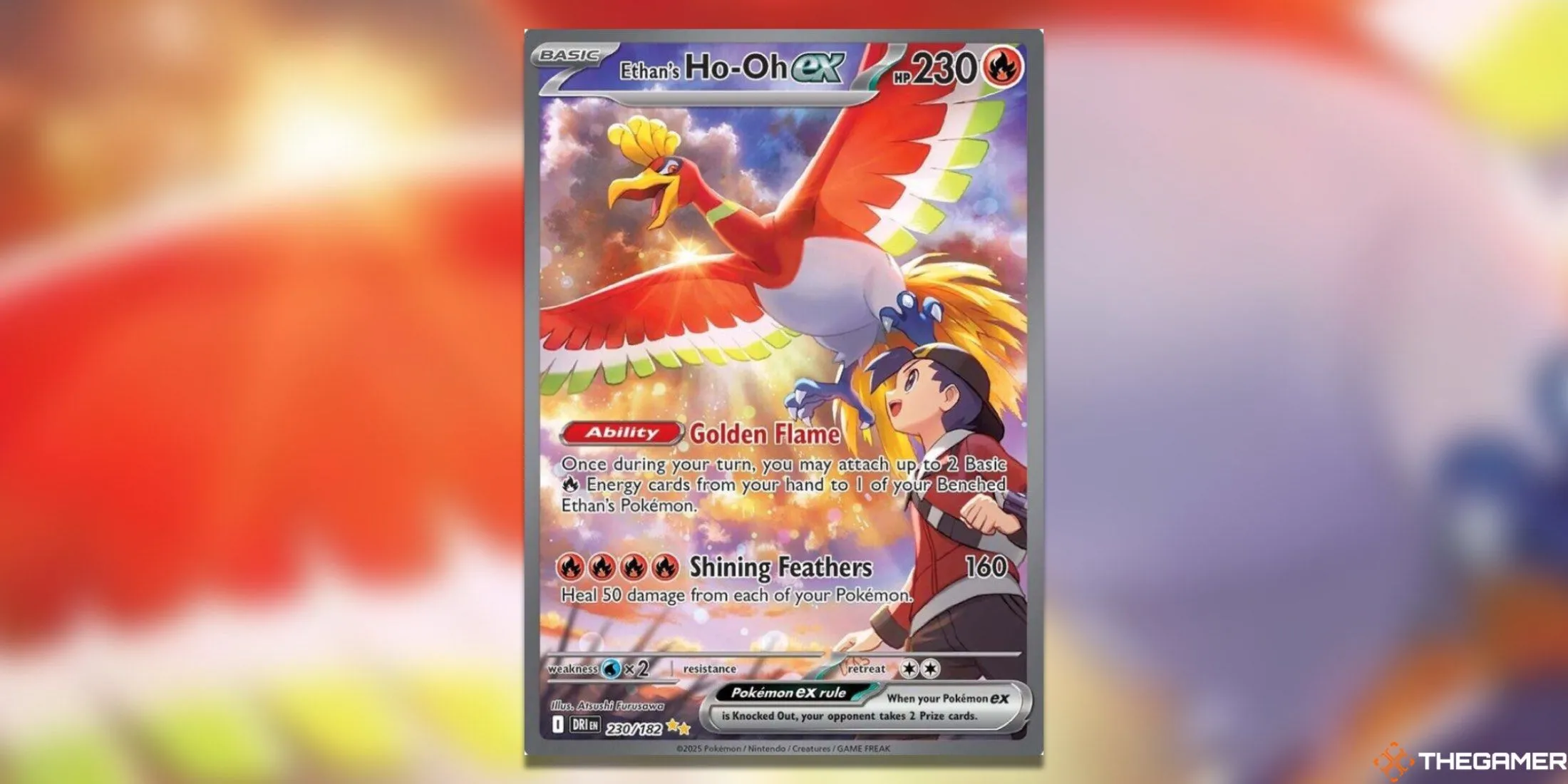 Thẻ bài Ho-Oh ex của Ethan (Special Illustration Rare) trong Pokemon TCG Destined Rivals, khắc họa cảnh Ho-Oh bay lượn dưới ánh mặt trời rực rỡ