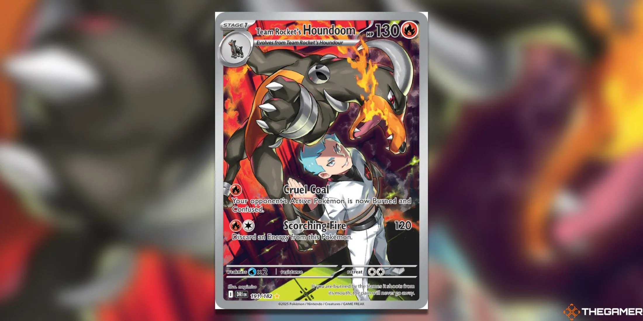 Thẻ bài Houndoom của Team Rocket trong Pokemon TCG Destined Rivals với ngọn lửa và màu sắc ấn tượng, thể hiện tinh thần của Team Rocket