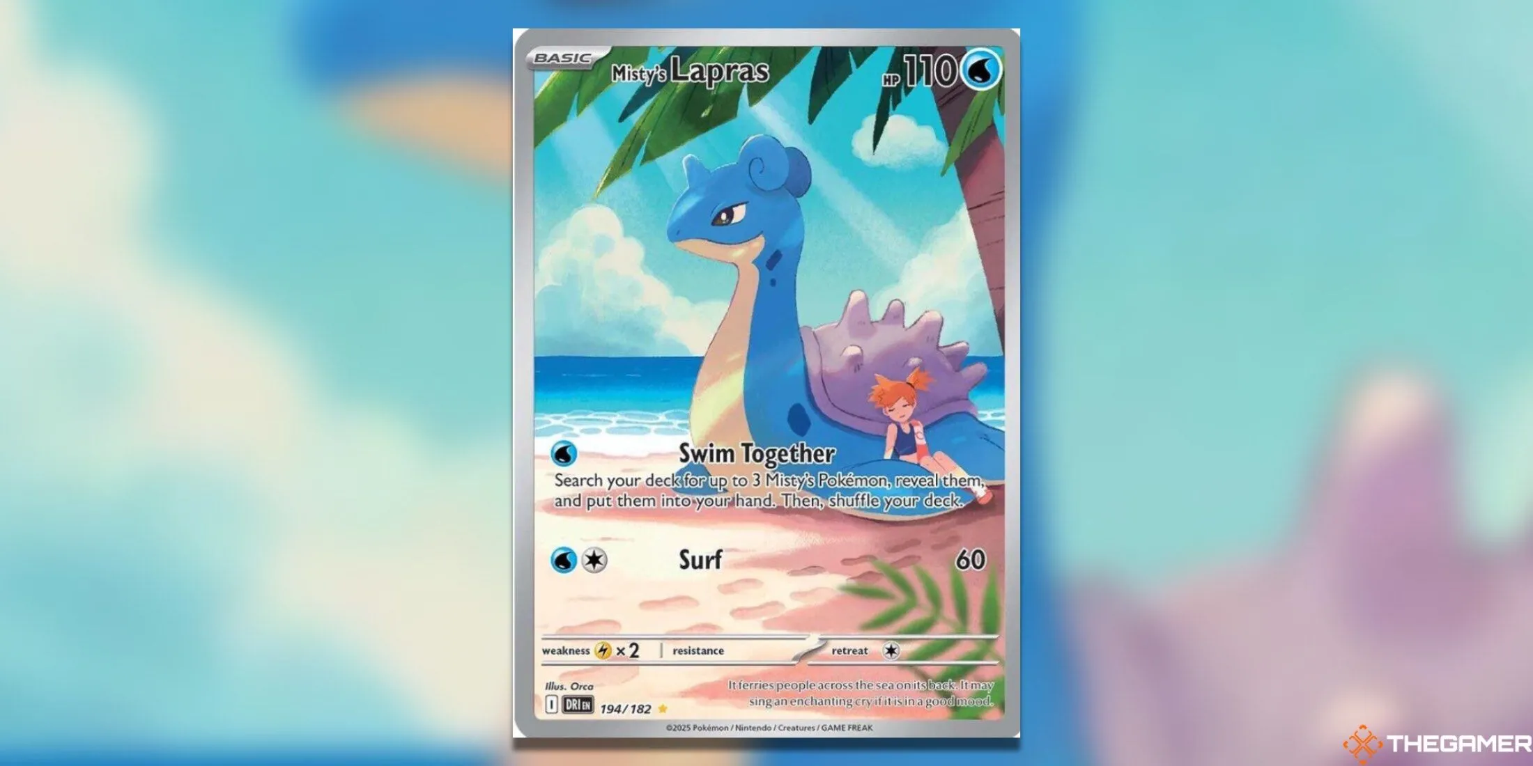 Thẻ bài Lapras của Misty (Illustration Rare) trong Pokemon TCG Destined Rivals, với khung cảnh biển xanh nắng đẹp