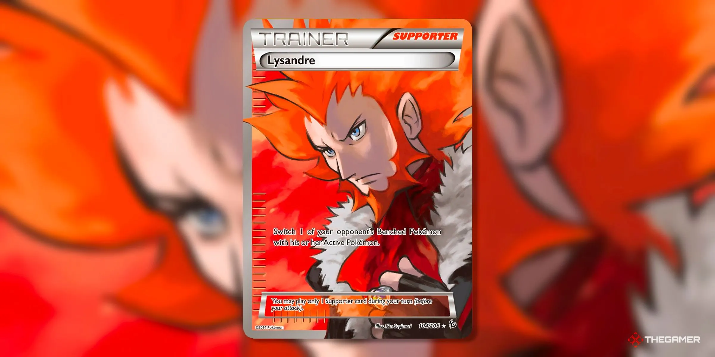 Thẻ bài Lysandre (Ultra Rare, 104) từ set Flashfire trong kỷ nguyên XY của Pokemon TCG