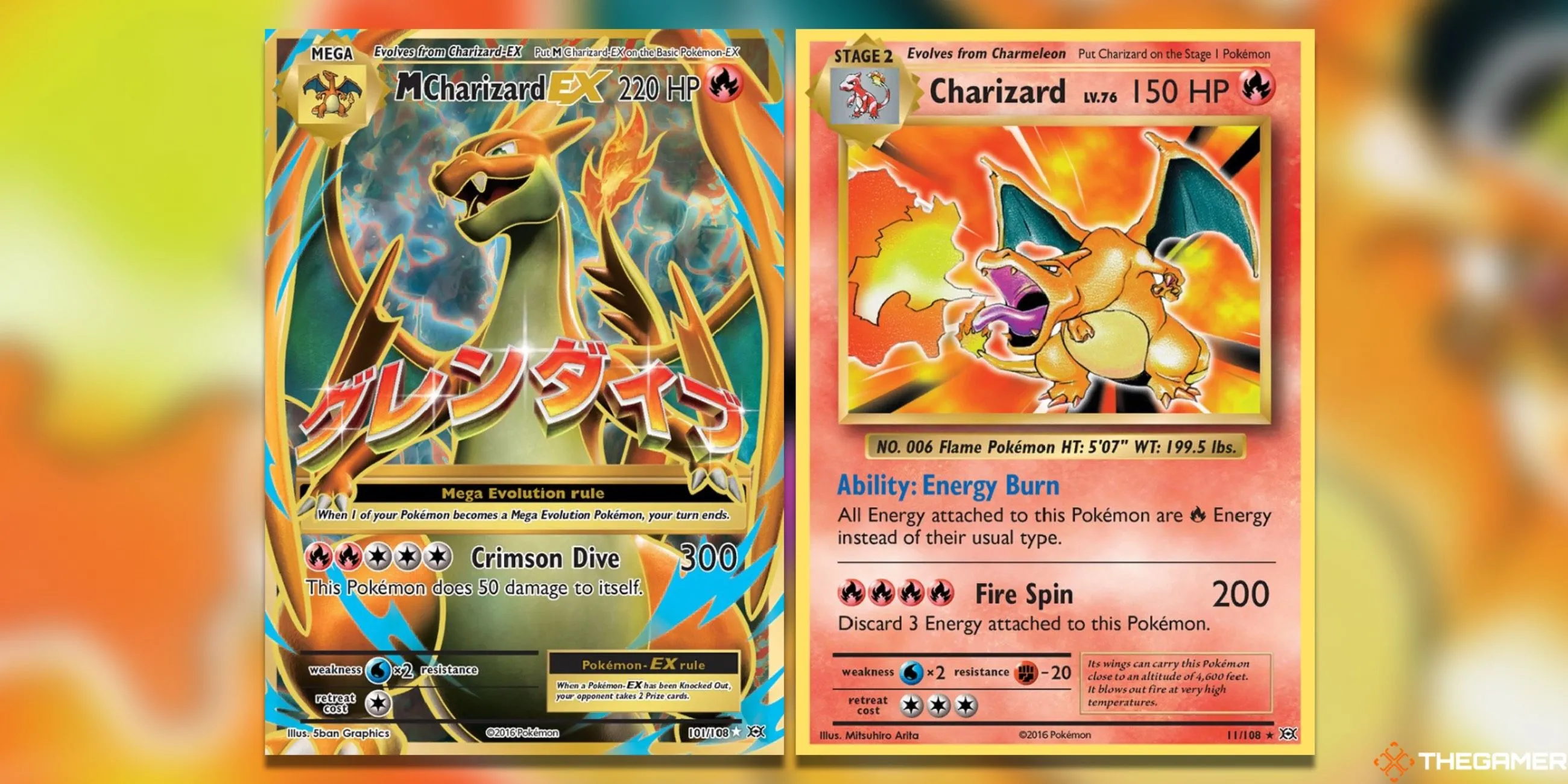 Thẻ bài M Charizard EX Full Art và Charizard Holo Rare từ set XY Evolutions trong Pokemon TCG