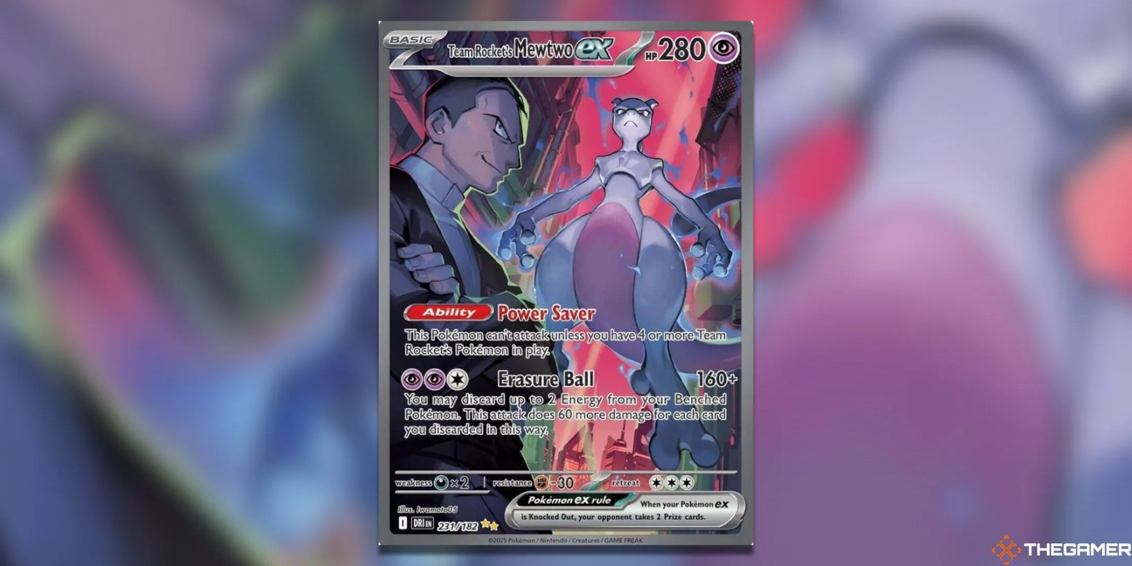 Thẻ bài Mewtwo ex của Team Rocket (Special Illustration Rare) trong Pokemon TCG Destined Rivals, với Mewtwo và Giovanni trên nền đỏ rực