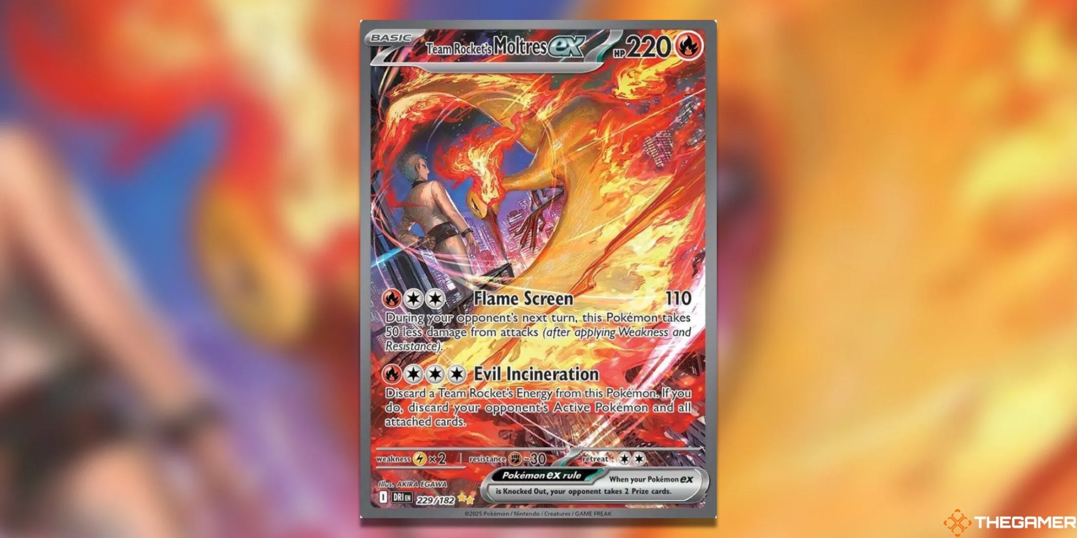 Thẻ bài Moltres ex của Team Rocket (Special Illustration Rare) trong Pokemon TCG Destined Rivals, với ánh sáng tối huyền bí và chi tiết ấn tượng