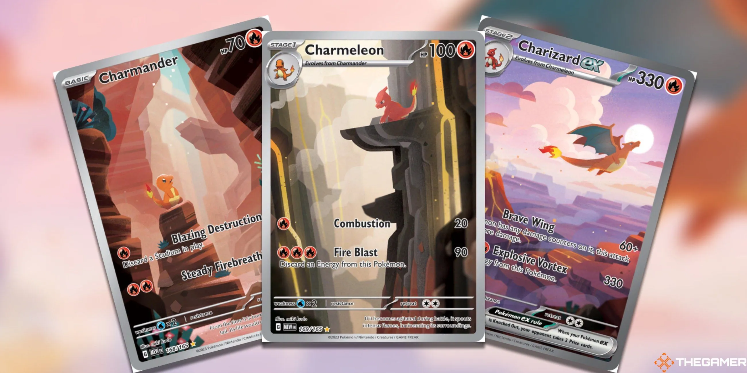 Thẻ bài Pokemon TCG Charizard 151 với ba dạng tiến hóa từ Charmander, Charmeleon và Charizard