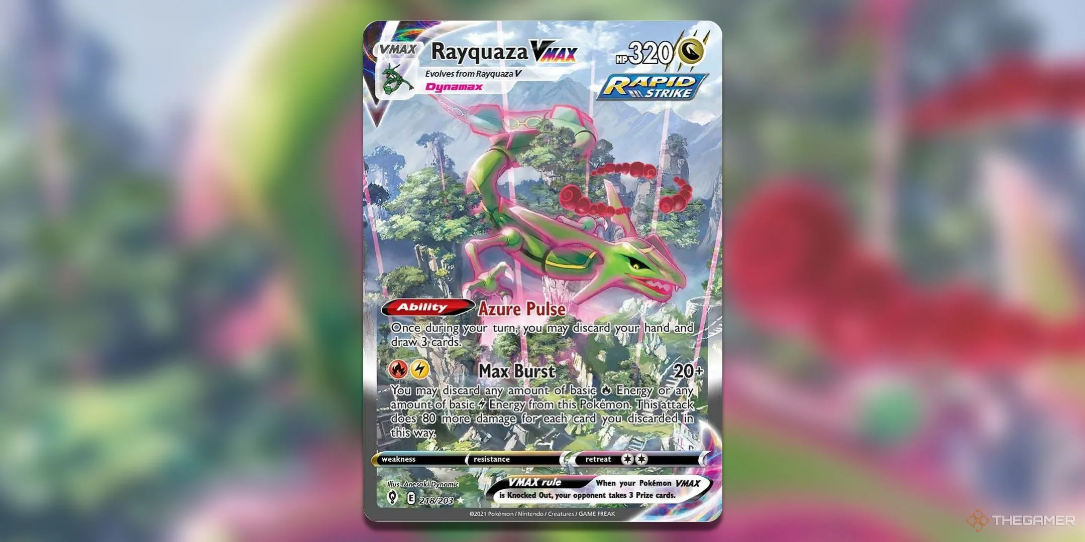 Thẻ bài Rayquaza VMAX Alternate Art Secret Rare từ set Evolving Skies của Pokemon TCG, một trong những thẻ bài được săn lùng nhiều nhất.