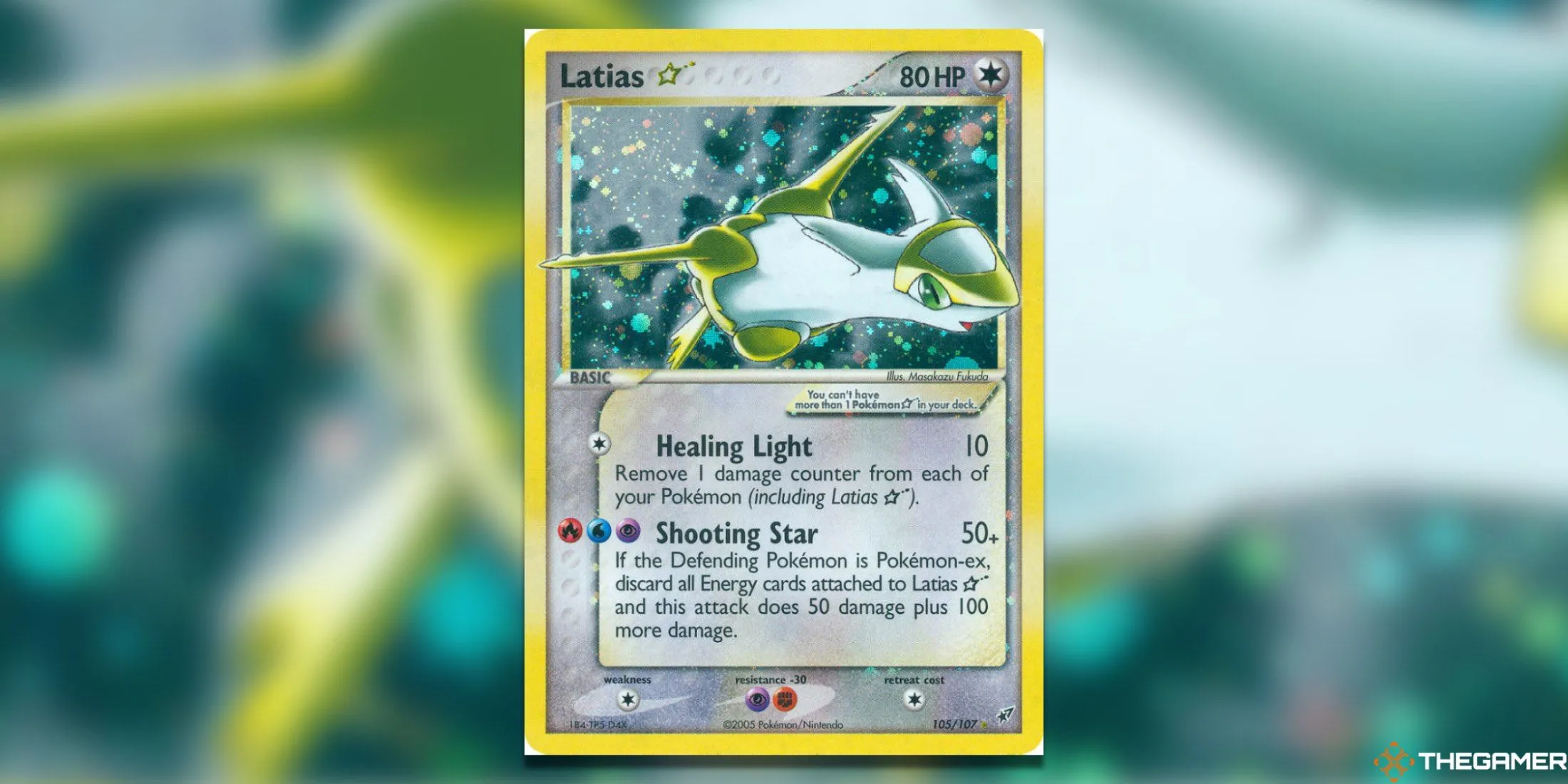 Thẻ bài Ultra Rare Latias Star từ set Deoxys của Pokemon TCG, thể hiện vẻ đẹp của Latias ở dạng Gold Star.