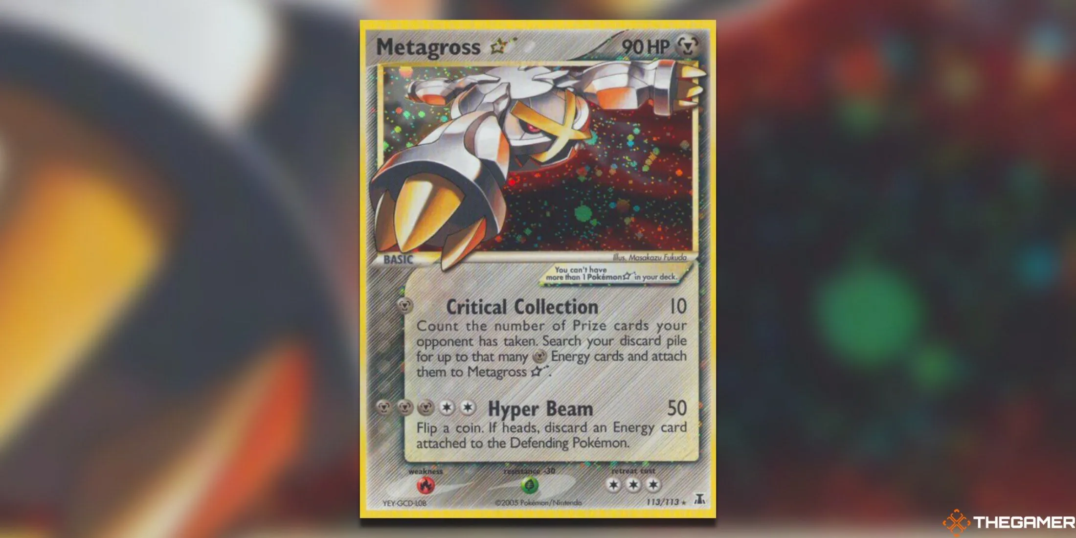 Thẻ bài Ultra Rare Metagross Star từ set Delta Species của Pokemon TCG, với màu sắc sáng bóng đặc trưng của phiên bản Shiny.