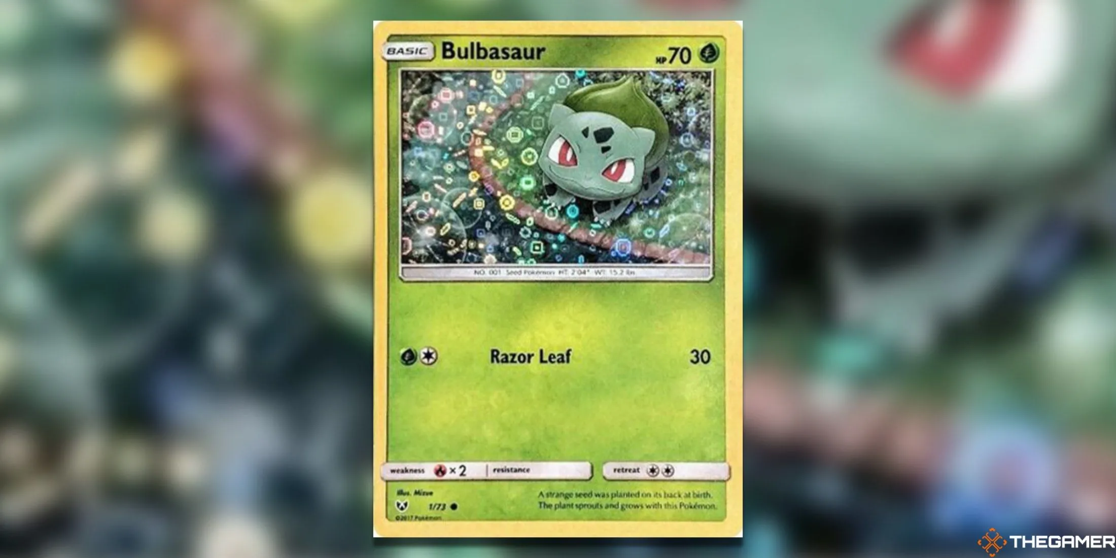 Thẻ Bulbasaur 1/73 General Mills Pokemon TCG với chi tiết bong bóng lấp lánh và hiệu ứng holo.