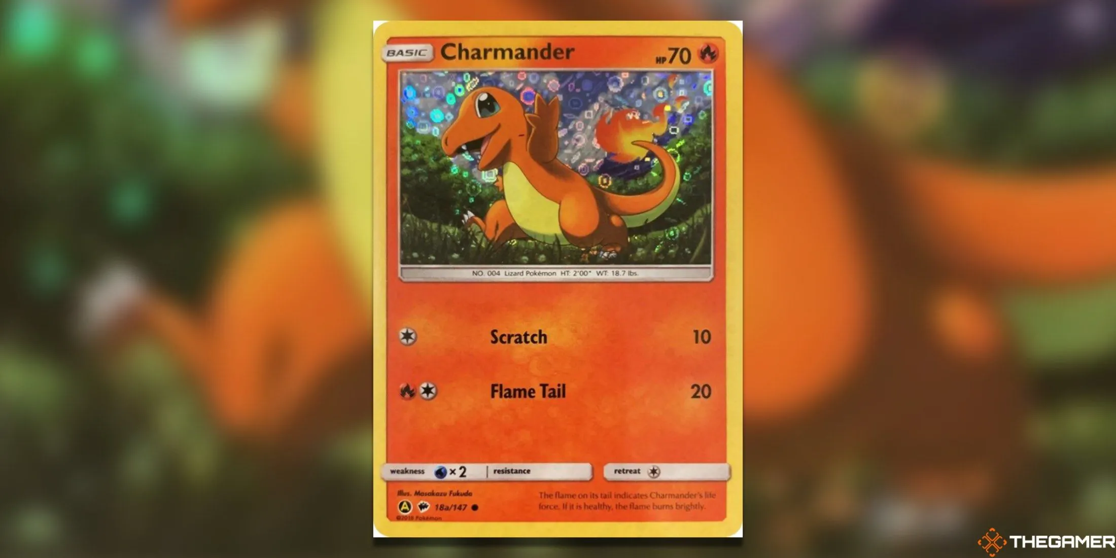 Thẻ Charmander 18a/147 General Mills Pokemon TCG với nụ cười tươi tắn trên đồng cỏ xanh.