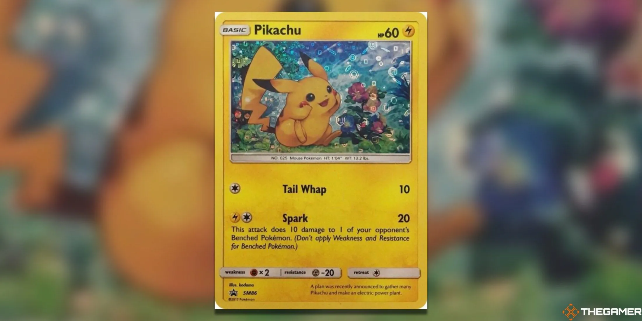 Thẻ Pikachu SM86 General Mills Pokemon TCG, Pikachu đang ngắm hoa với biểu cảm tò mò, hạnh phúc.