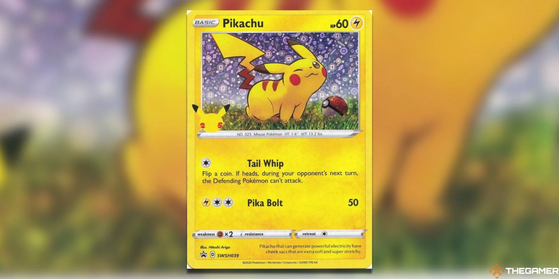 Thẻ Pikachu SW-SH039 General Mills Pokemon TCG với hiệu ứng holo lấp lánh trên nền xanh.