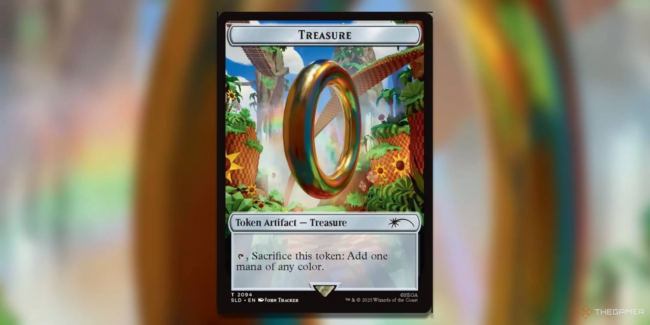 Thẻ Treasure trong MTG Secret Lair Sonic: Chasing Adventure, minh họa chiếc nhẫn vàng Green Hill Zone