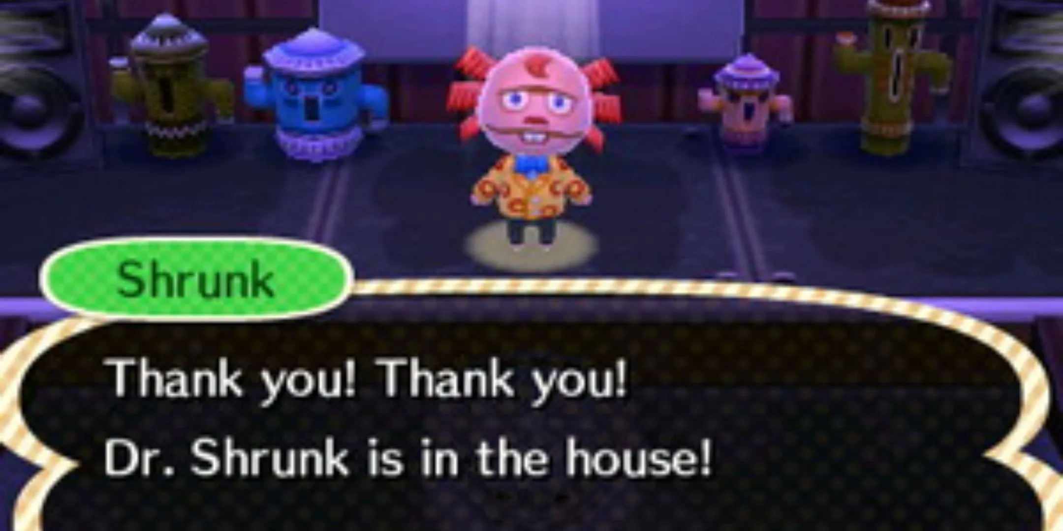 Tiến sĩ Shrunk biểu diễn trên sân khấu tại Club LOL, một địa điểm nổi bật trong game Animal Crossing New Leaf.