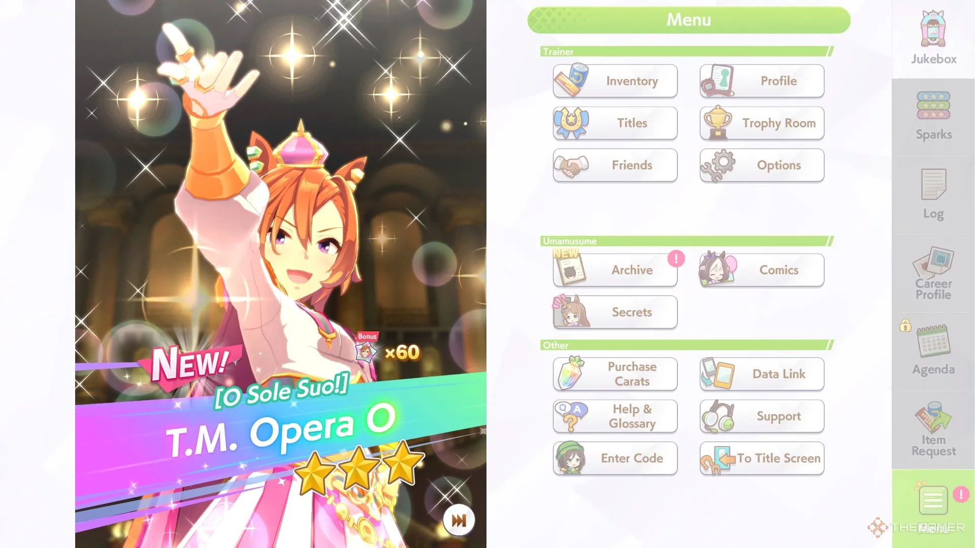 TM Opera O trong màn hình gacha Umamusume Pretty Derby với hiệu ứng sao lấp lánh
