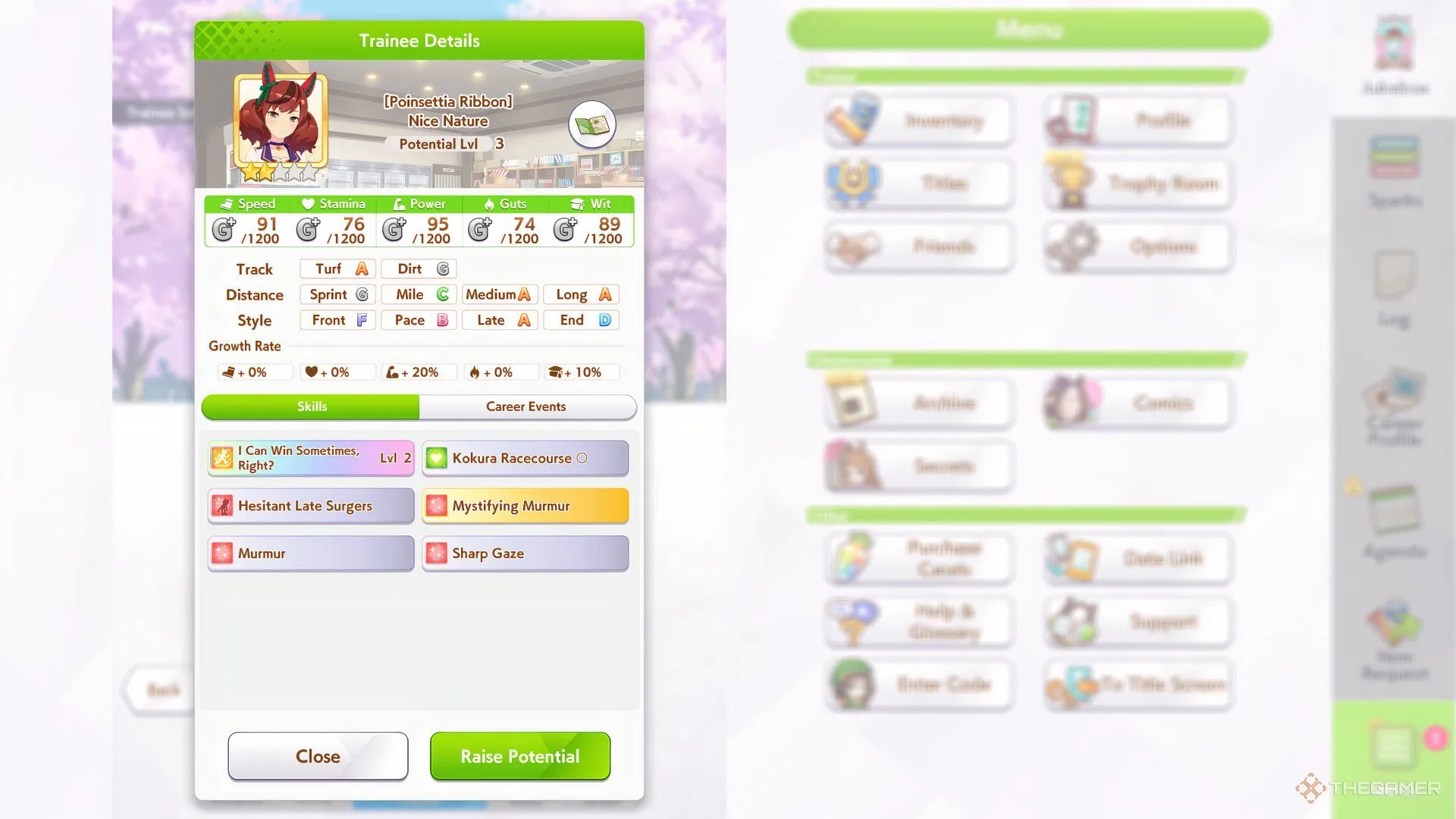 Tổng quan chỉ số và khả năng của Nice Nature trong game Umamusume Pretty Derby.