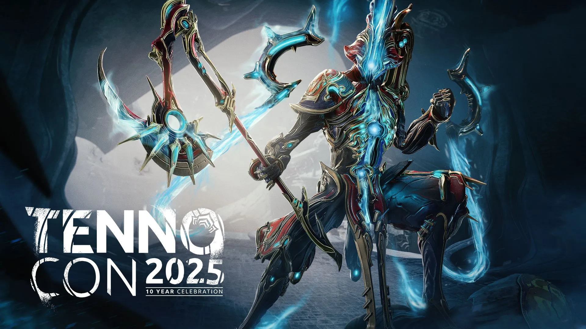 Warframe Caliban Prime tạo dáng cùng logo sự kiện Tennocon 2025, biểu tượng của tương lai Warframe.