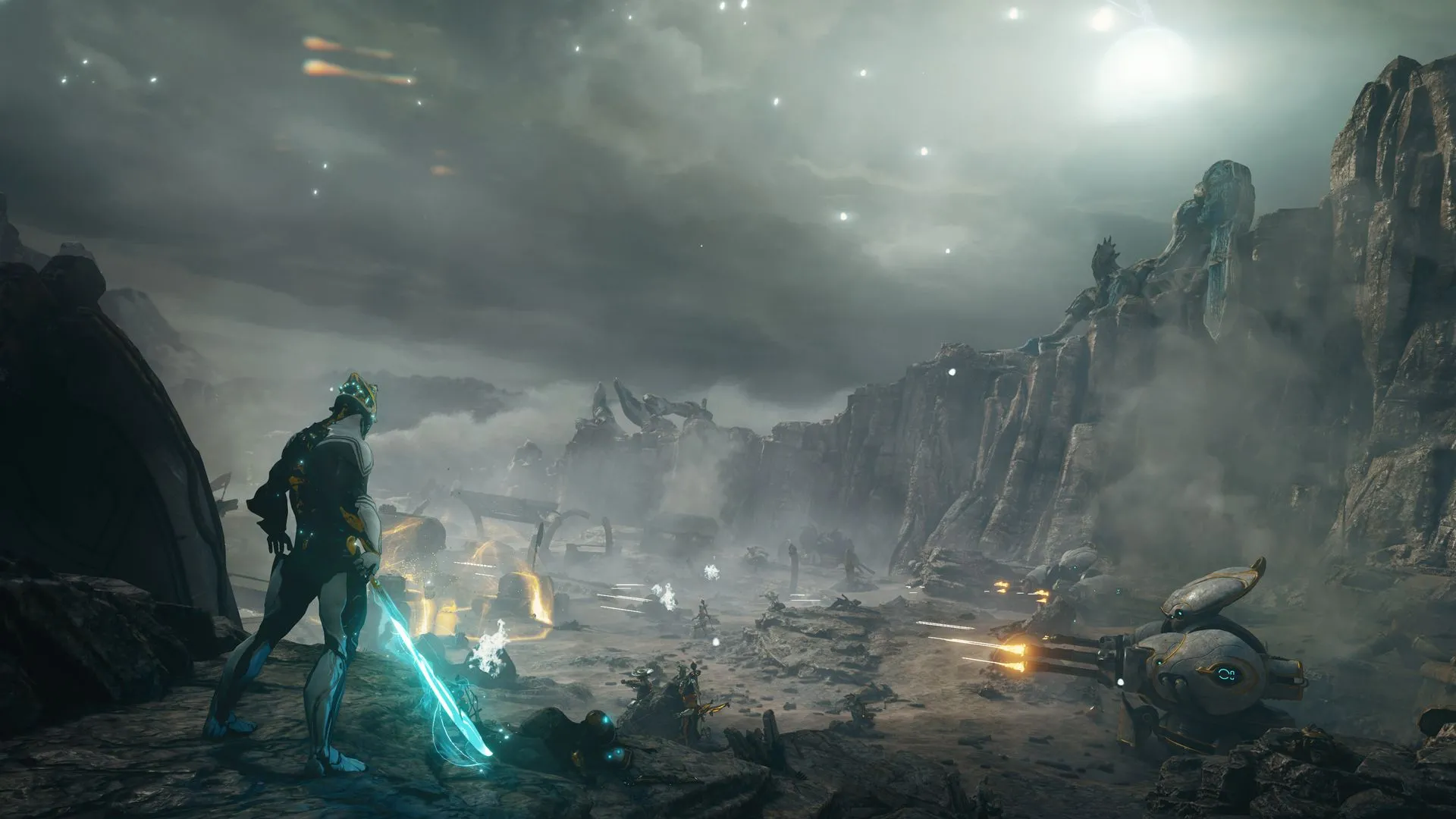 Warframe Excalibur Prime sừng sừng giữa chiến trường khốc liệt, biểu tượng cho sự phát triển không ngừng của cộng đồng game thủ.
