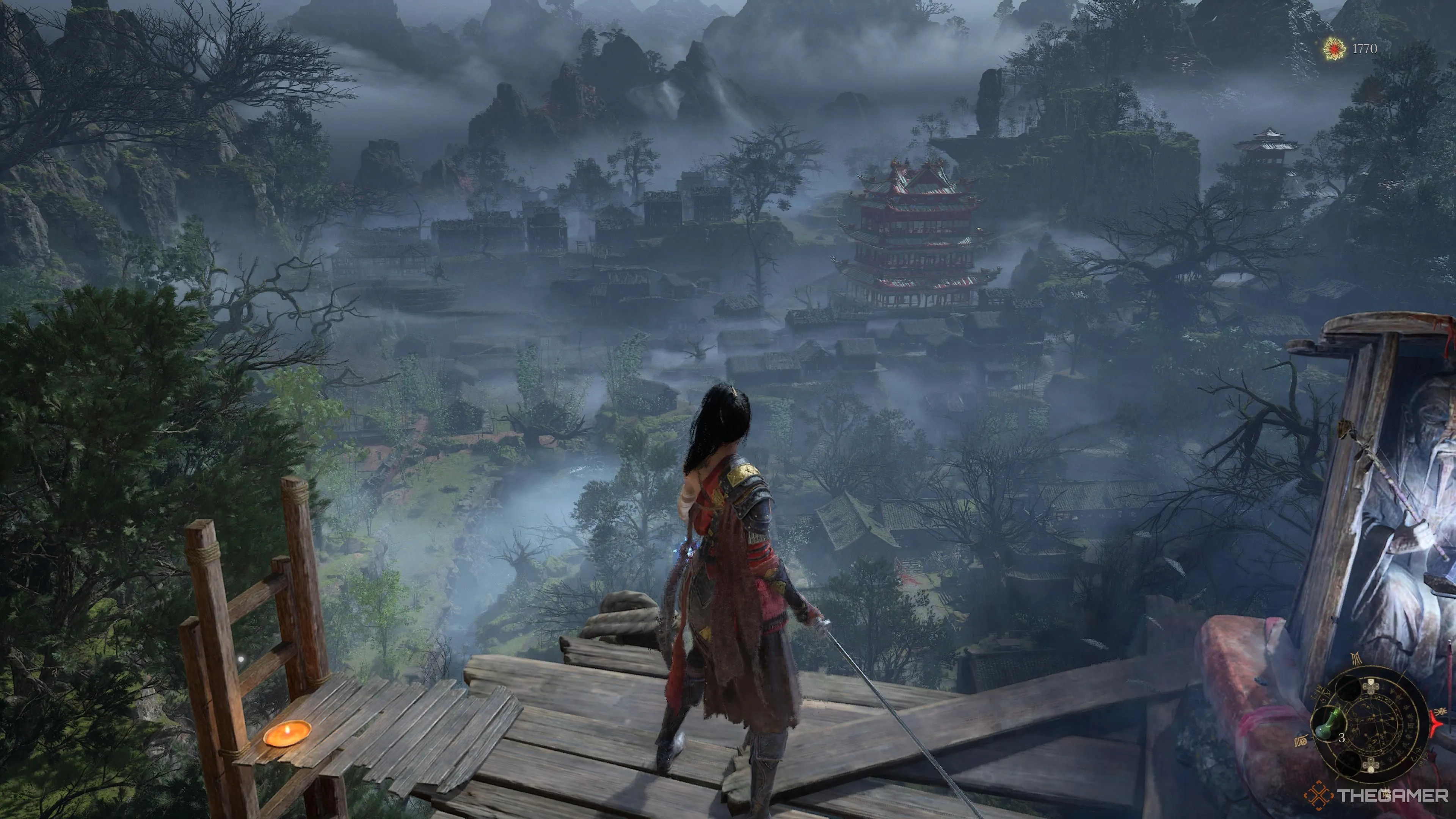 Wuchang đứng trên vách đá nhìn xuống những tòa nhà phía dưới trong Wuchang: Fallen Feathers, tạo khung cảnh rộng lớn và bí ẩn.