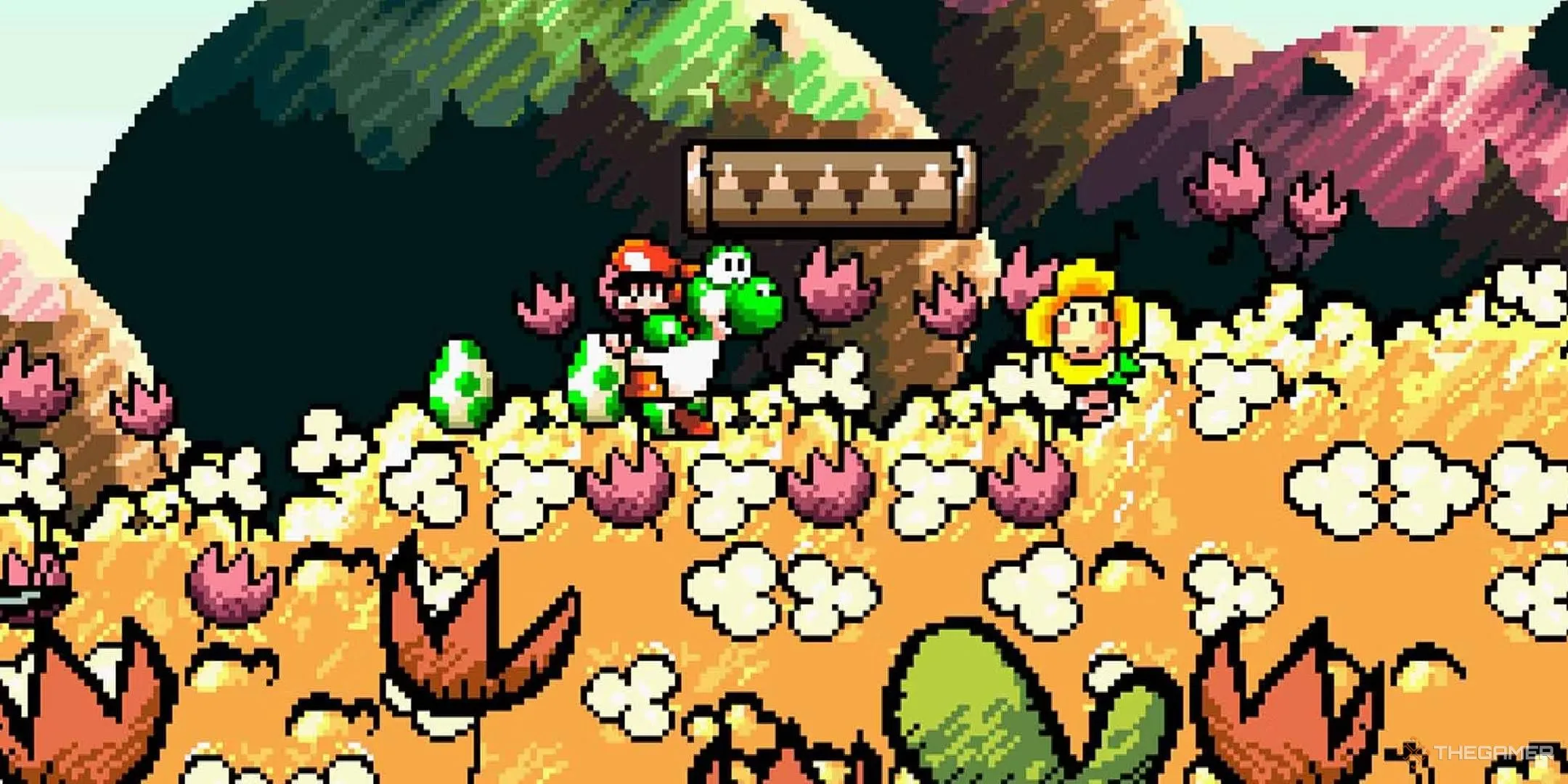 Yoshi cõng Baby Mario băng qua cánh đồng vàng trong Super Mario World 2: Yoshi's Island, thể hiện phong cách đồ họa độc đáo của game.
