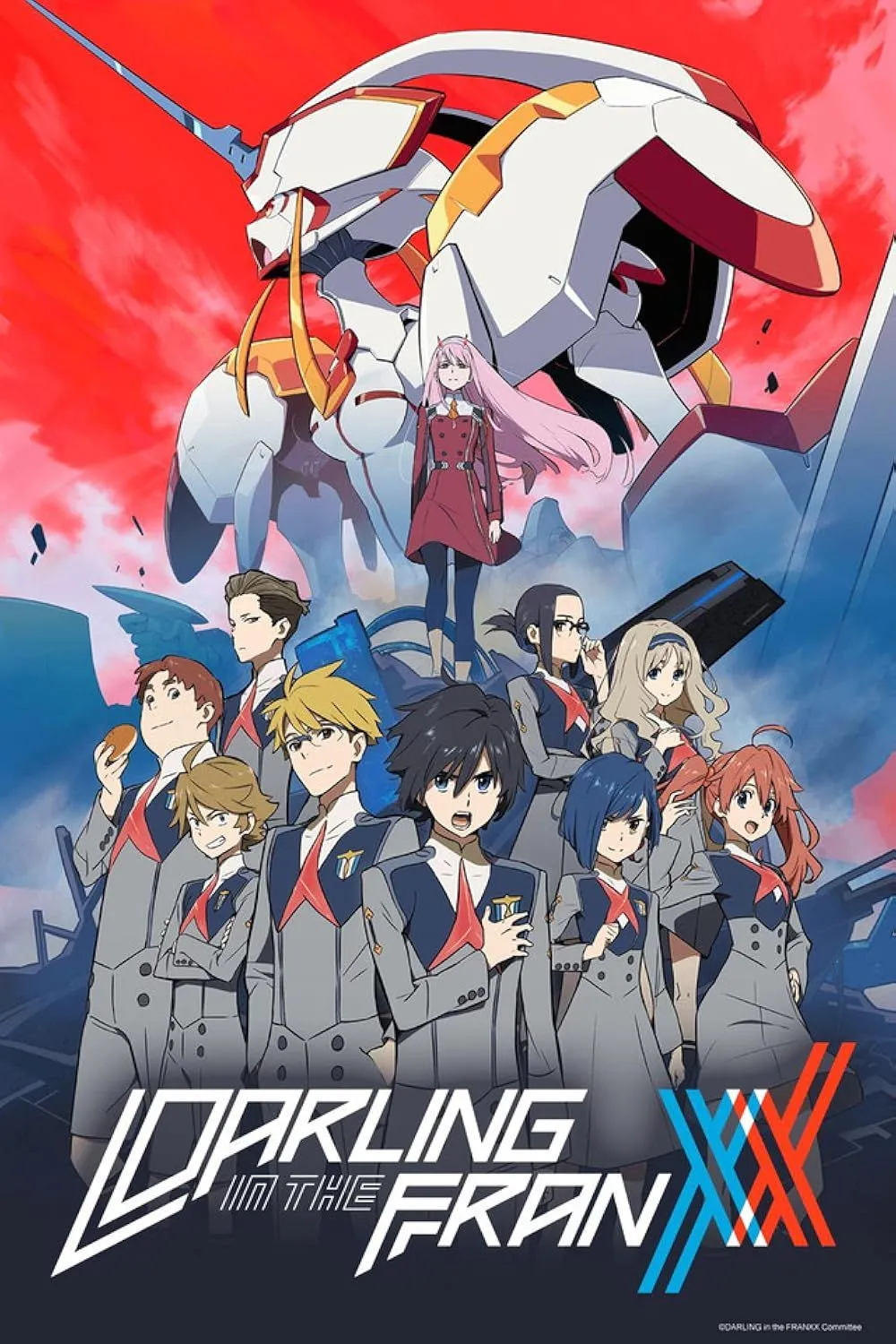Zero Two và Hiro cùng robot Franxx trên poster anime Darling in the Franxx ấn tượng.