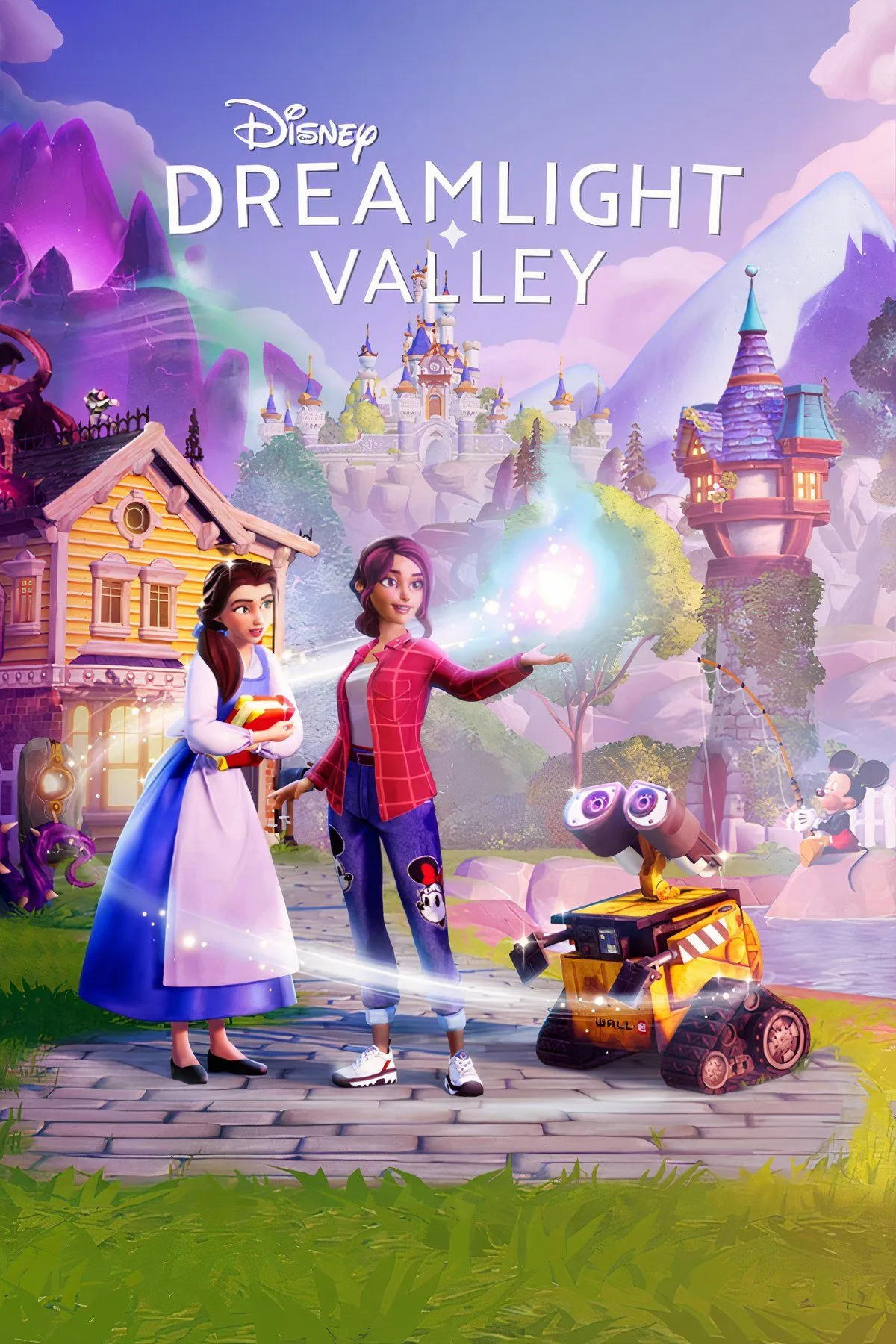 Ảnh bìa chính thức của game Disney Dreamlight Valley, tổng hợp các nhân vật Disney biểu tượng và thế giới cổ tích đầy màu sắc.