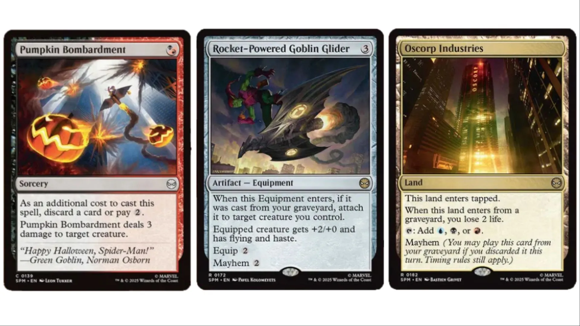 Ba thẻ bài Magic The Gathering mới liên quan đến Green Goblin: Pumpkin Bombardment, Rocket-Powered Goblin Glider và Oscorp Industries