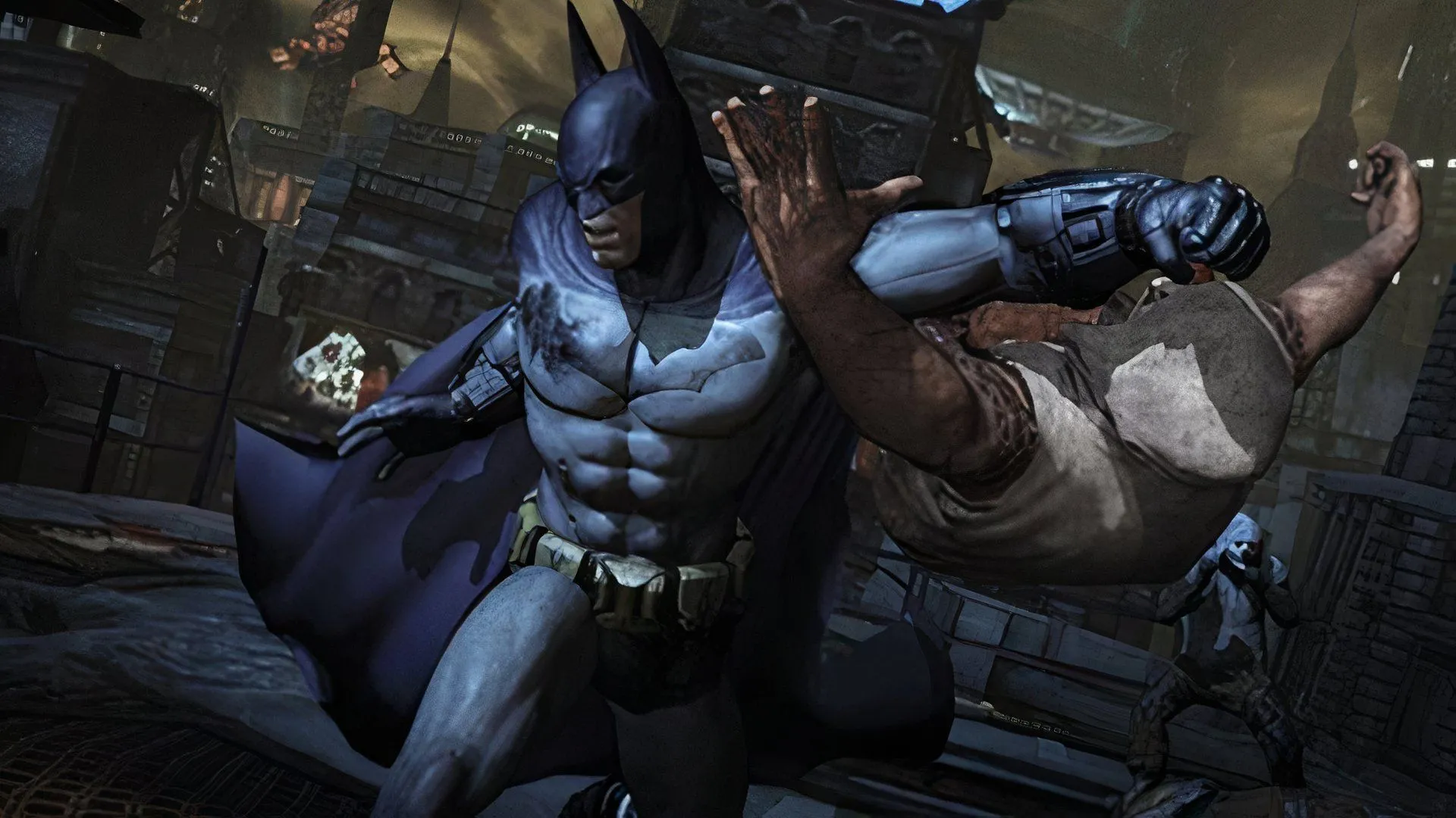 Batman trong pha cận chiến ấn tượng tại Arkham City, minh họa khả năng chiến đấu và ẩn nấp của Hiệp Sĩ Bóng Đêm.