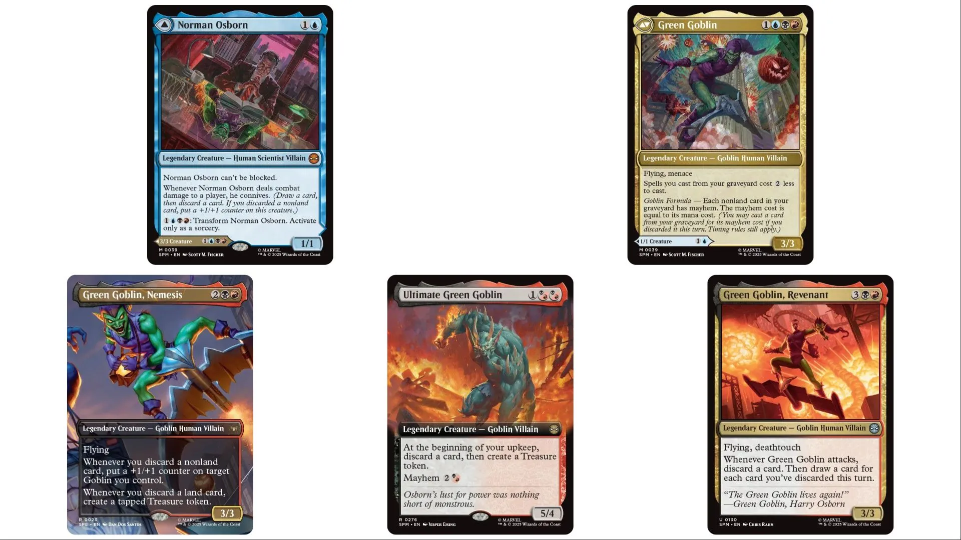 Các phiên bản thẻ bài Green Goblin khác trong Magic The Gathering Spider-Man, bao gồm Norman Osborn và Harry Osborn