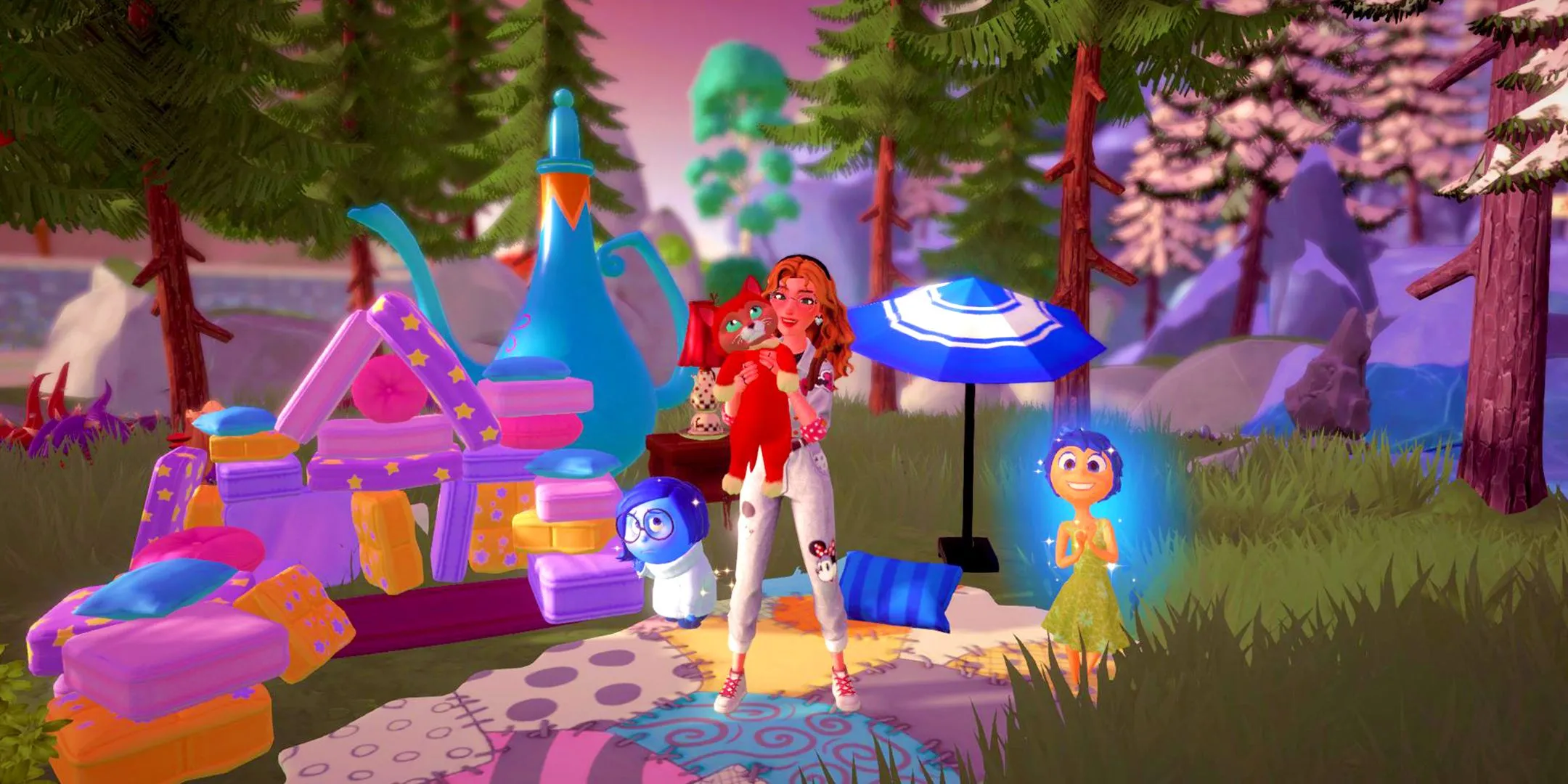 Cảnh teaser bản mở rộng Wishblossom Ranch của Disney Dreamlight Valley, cho thấy người chơi và một chú ngựa trong vùng đất tuyết phủ.