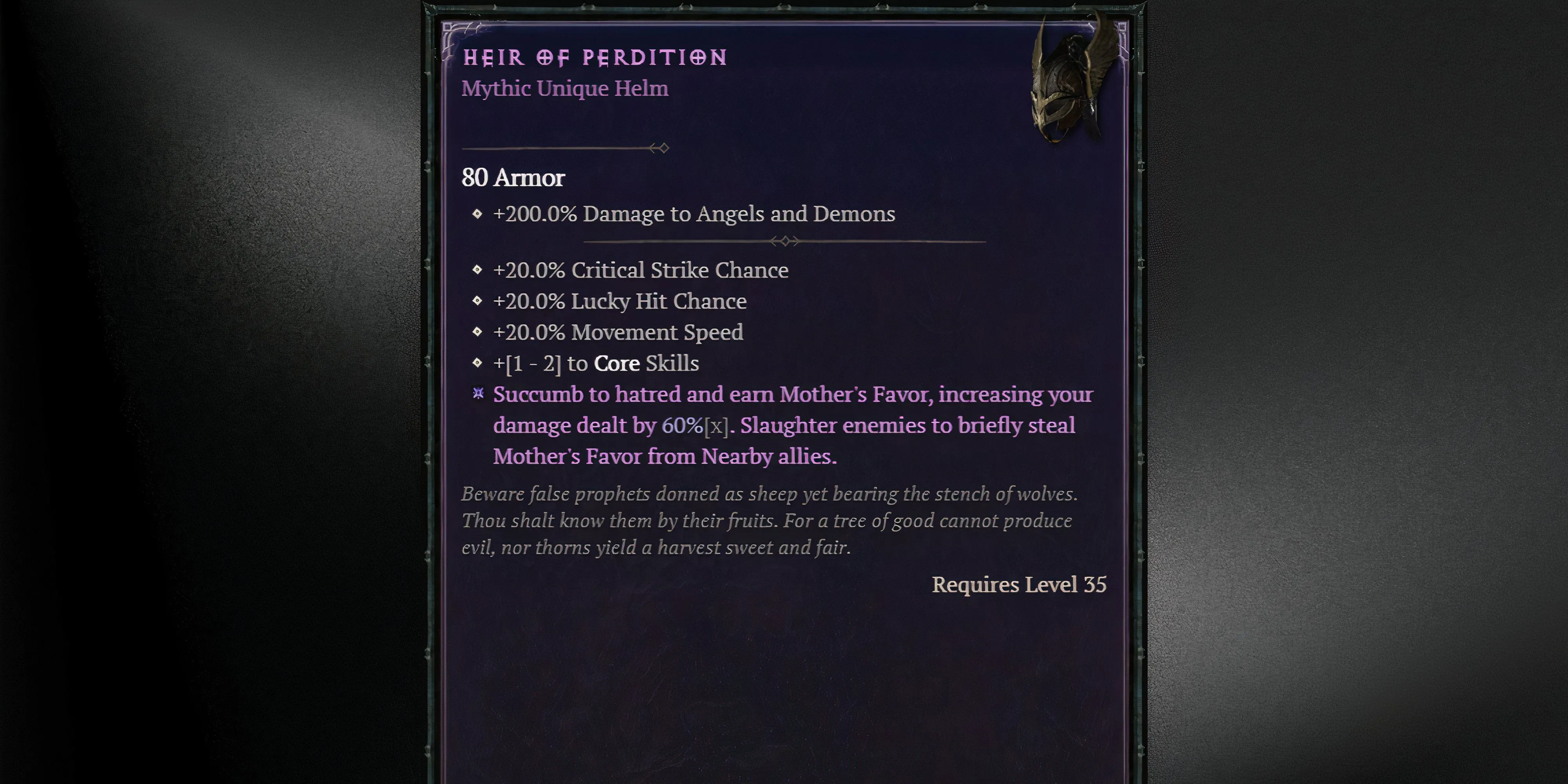 Chi tiết chỉ số và ngoại hình của mũ Mythic Heir of Perdition, trang bị tối thượng cho Werenado Druid Diablo 4