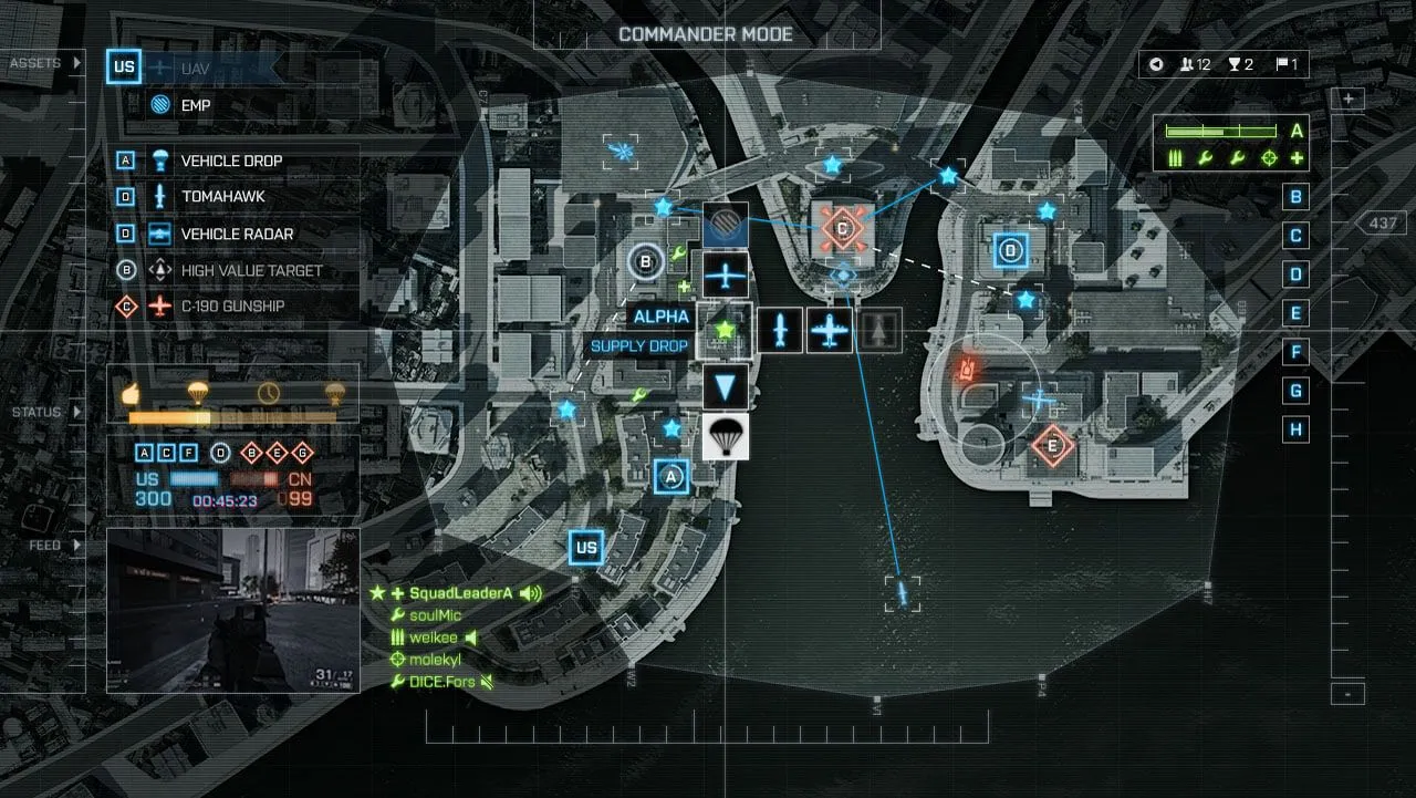 Giao diện Commander Mode trong Battlefield 4 với các tùy chọn công cụ hỗ trợ từ trên cao, giúp chỉ huy tác chiến.