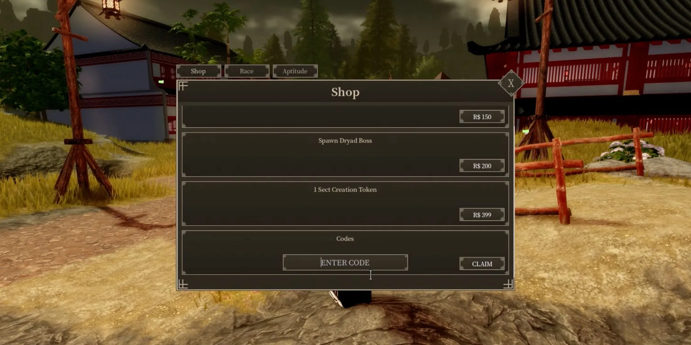 Giao diện nhập code Murim Cultivation trong mục Shop của game