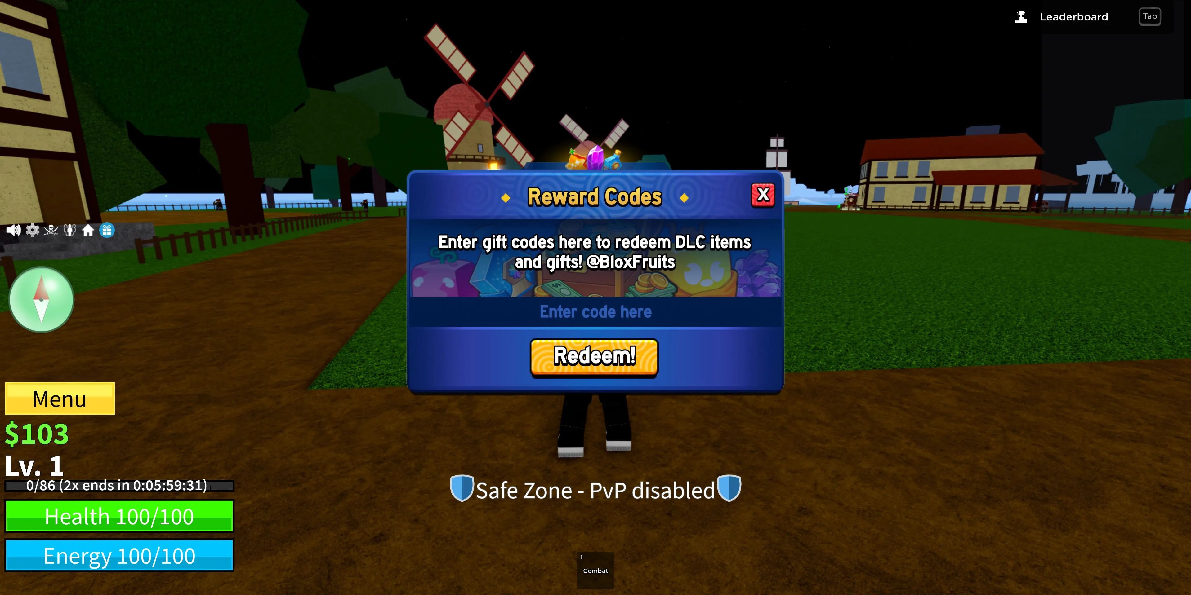 Giao diện nhập code trong game Blox Fruits hiển thị nút quà tặng màu xanh và ô nhập mã