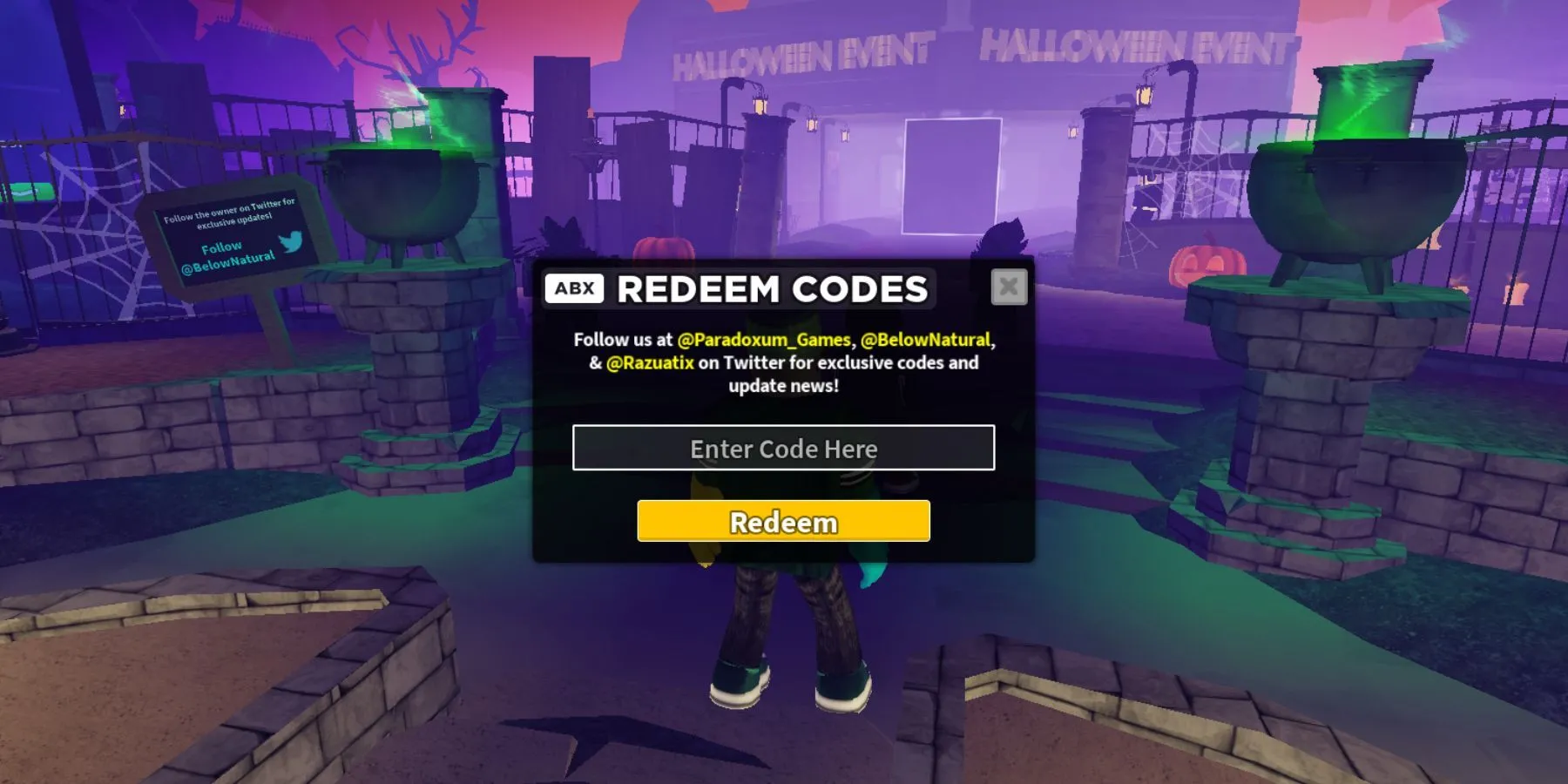 Giao diện nhập code trong Tower Defense Simulator, hiển thị nút Twitter/X và ô 'Enter Code Here'