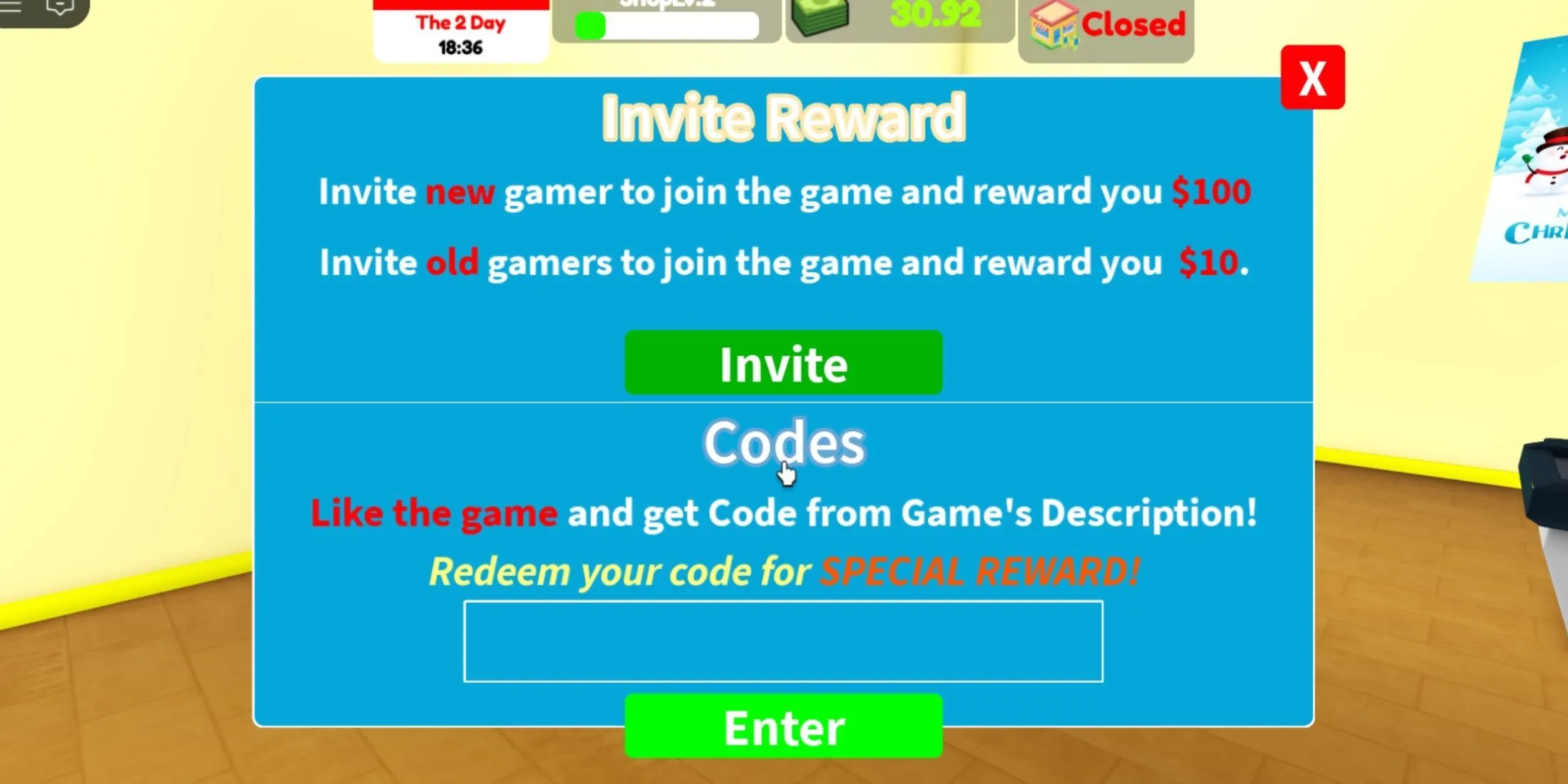 Giao diện nhập mã code Supermarket Simulator trong game