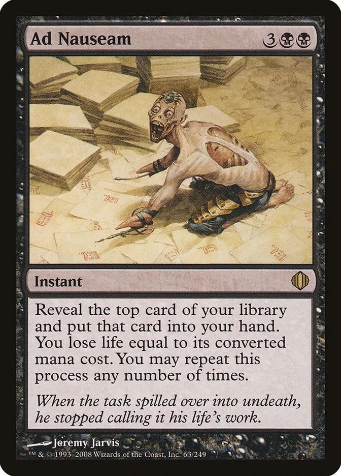 Lá bài Ad Nauseam trong Magic: The Gathering, giúp tìm kiếm các lá bài đất hiệu quả trong deck The Wandering Minstrel