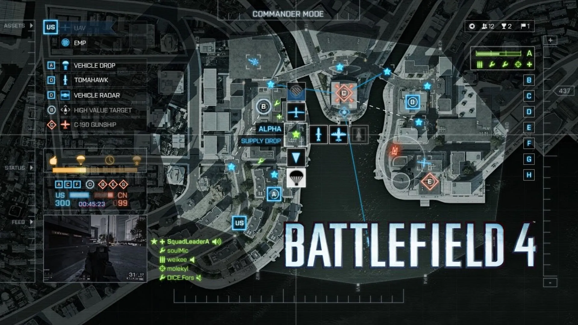 Màn hình Commander Mode từ Battlefield 4, hiển thị tầm nhìn vệ tinh và các công cụ hỗ trợ chiến thuật.