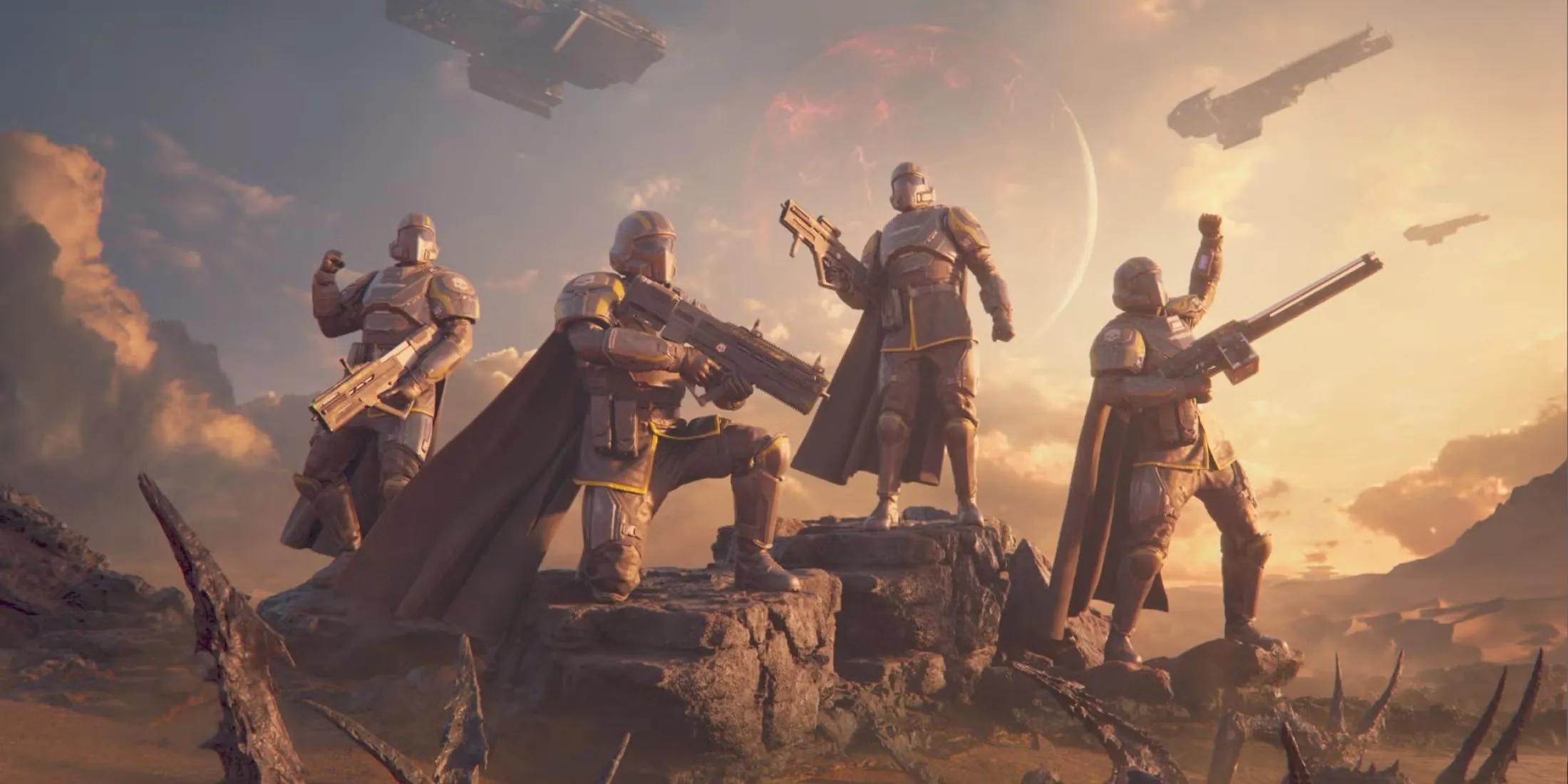 Nhóm Helldiver ăn mừng chiến thắng, minh họa sự gia tăng lượng người chơi sau khi Helldivers 2 ra mắt Xbox