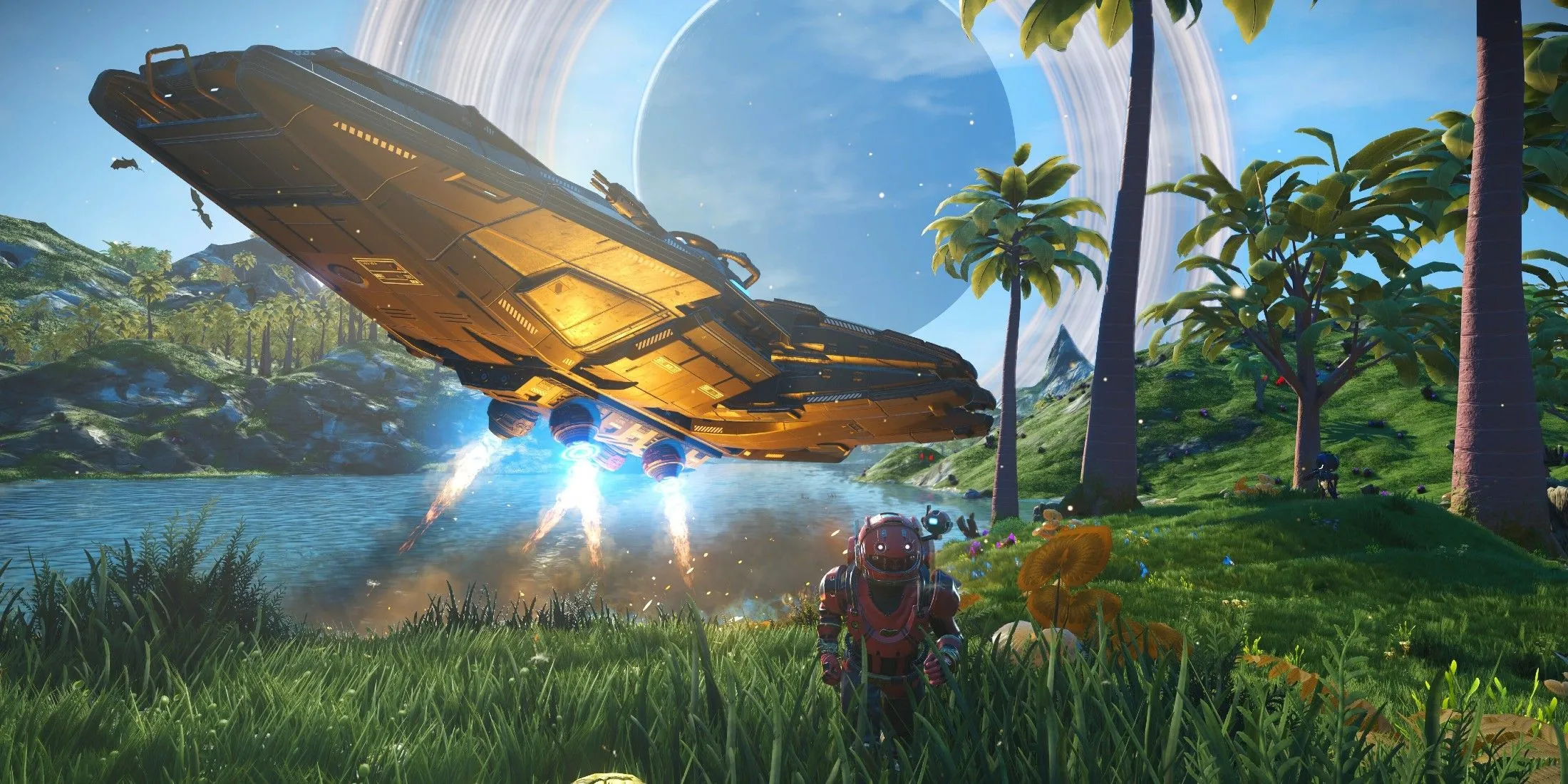Phi thuyền của người chơi No Man's Sky bay qua một hành tinh xanh tươi, minh họa thế giới rộng lớn của game