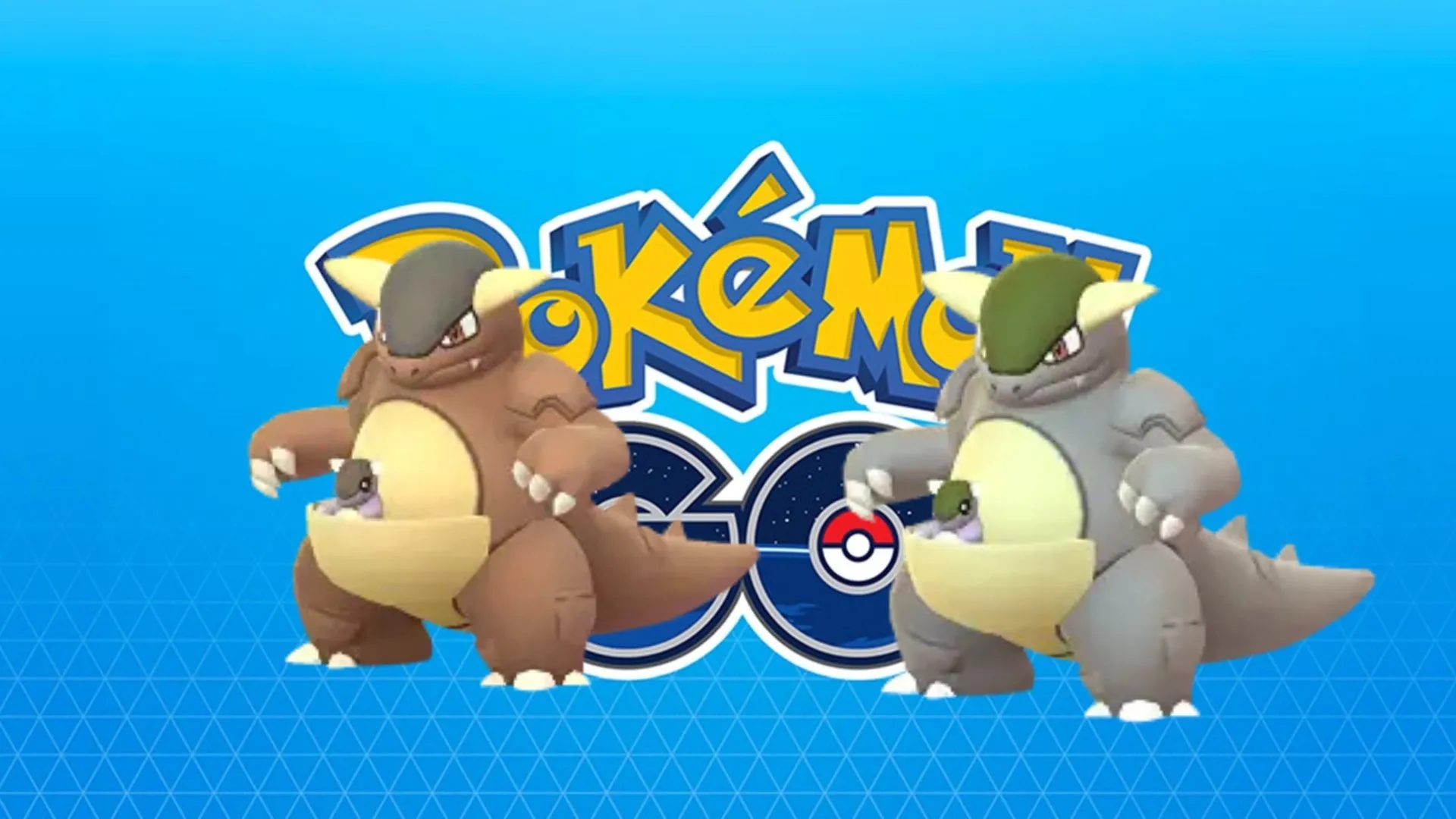 So sánh Kangaskhan thường và Shiny Kangaskhan trong Pokemon GO, với phiên bản bóng đêm có màu xám nhạt và chi tiết xanh navy.