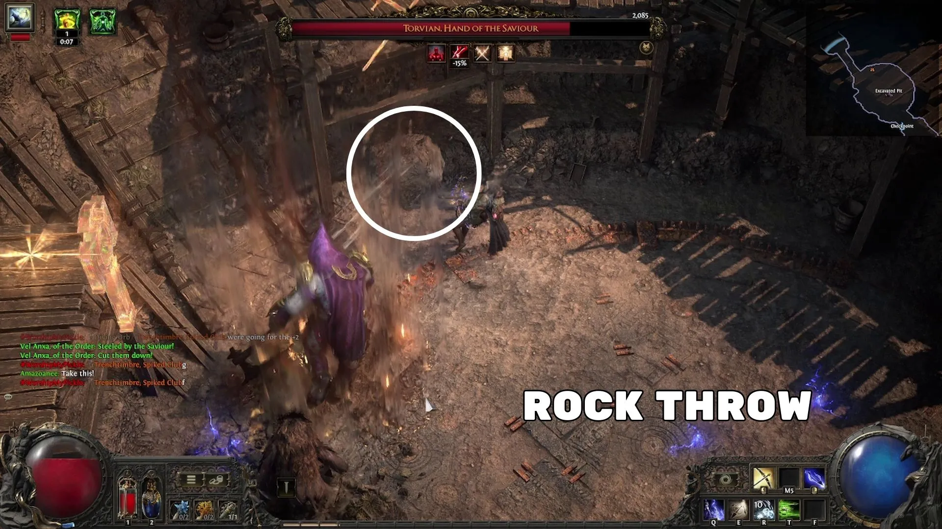 Torvian thực hiện đòn ném đá vào người chơi trong Path of Exile 2, cho thấy cơ chế phản công